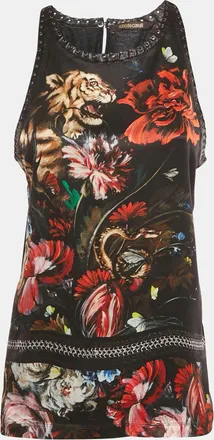 Roberto Cavalli Black Floral Print Silk Lace-Up Leather Tank Top