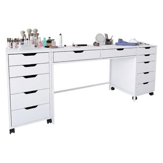 Dmora Toiletta Lagunare, Mueble De Tocador Con Espejo, 12 Cajones, Luces Incluidas, 200x55x77h Cm Blanco