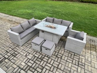 Fimous 9 Seater Outdoor Garden Dining Sets Rattan Furniture Gas Fire Pit Dining Table Gas Heater with Chair 2 Footstools in Light Grey