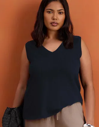 Live Unlimited London Womens Navy Cotton Slub V Neck Vest With Curved Hem - Size: 14