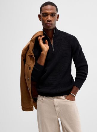 Le 31 Mens Zip-neck waffle-knit sweater