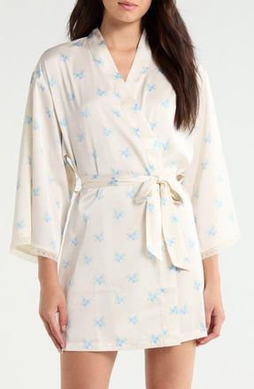 Etam Noreen Floral Satin Wrap in Ecru/Blue at Nordstrom, Size X-Large