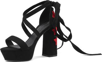 Generic Womens Strappy High Heeled Wedding Pumps Open Toe Bridal Shoes with Embroidery Stitched Faux Suede Platform Sandals,Black,7.5 UK