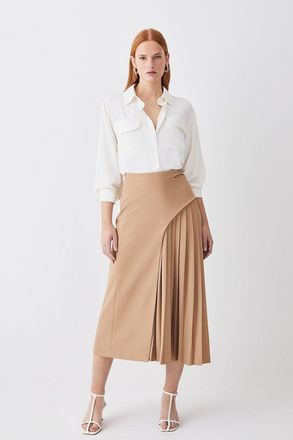 Karen Millen Womens Tailored Buckle Detail Pleated Midi Skirt - Beige - Size 10 UK