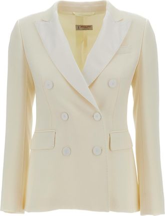 Alberto Biani Ivory White Double-Breasted Satin Lapel Tuxedo Jacket