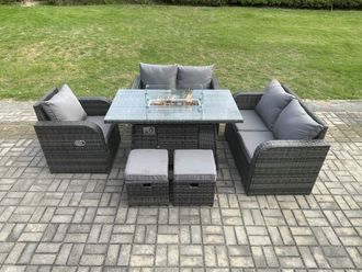 Fimous Rattan Garden Furniture Set with Gas Fire Pit Dining Table, Reclining Chair 2 Small Footstools Indoor Outdoor 6 piece Loveseat Sofa set
