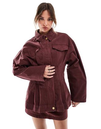 Asos denim premium jacket with cinched waist in burgundy - part of a set-Red
