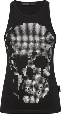 Philipp Plein Tops, Dames, Zwart, L, Katoen, Ribgebreide Tanktop Skull Strass