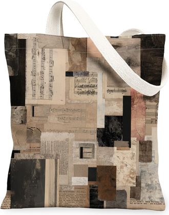 Generic Vintage Artistic Canvas Tote Bags, Paper Collage Design Reusable Grocery Bags, Lightweight Washable Shoulder Strap Tote Fo, Beige, 13x15 Inch