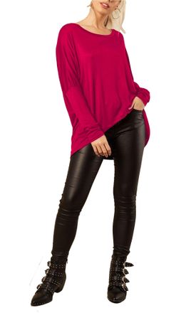 The Celebrity Fashion Womens Off Shoulder Ladies Oversize Layering Lagenlook Bagg High Low Jumper Top (Plus Size UK 16-18, Cerise)