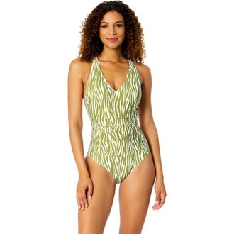 Anne Cole Womens Printed V Neck Cross Back One Piece Swimsuit in Sierra Woodblock at Nordstrom, Size 16