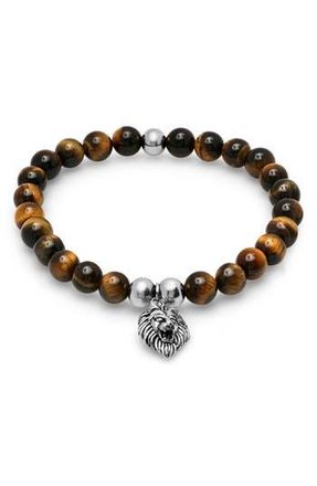 HMY Jewelry Stainless Steel & Tiger Eye Beaded Tiger Charm Bracelet in Metallic at Nordstrom Rack