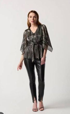 Joseph Ribkoff Pleated Foil Knit Top With Shirred Waist And Sash In Black/gold