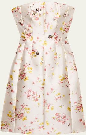 Prada Seta Lana Floral-Embellished Strapless Mini Dress