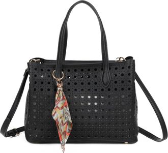 Generic Perforated Tote Bag, Laser Cut Design with Scarf Charm, Shoulder Handbag with Crossbody Strap (Black)