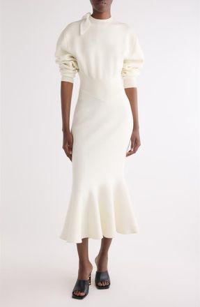 Givenchy Long Sleeve Bow Wool & Cotton Blend Trumpet Sweater Dress in Ivory at Nordstrom, Size X-Large