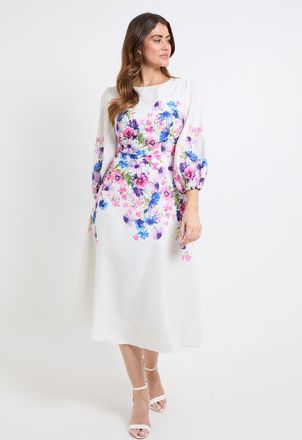 Wallis Womens Floral Balloon Sleeve Midi Dress - White - Size 18 UK