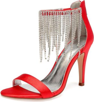 Generic Bridal Heels Women Open Toe Stiletto High Heels Wedding Shoes Satin Prom Party Dress Heel Sandals 10.5Cm,red,6 UK