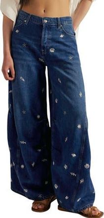 Free People Westward Embroidered Wide Barrel Leg Jeans in Under The Sea at Nordstrom Rack, Size 30
