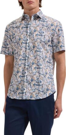 Bugatchi Orson Shaped Fit Abstract Paisley Short Sleeve Stretch Cotton Button-Up Shirt in Cobalt at Nordstrom, Size Xx-Large