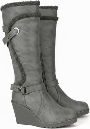 Generic Womens Knee High Boots Slim Calf Boots Fur Lined Slouch Long Ladies Zip Up Wedge Heeled Boots UK Sizes (LL46 Grey, One Size, UK Footwear Size System, 