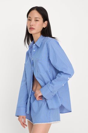Good American Womens Poplin Classic Boxy Shirt | Blue & White Stripe, Size Medium | Good American by Khlo&Egrave; Kardashian