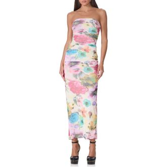 AFRM Marlo Strapless Mesh Maxi Dress in Watercolor Blossom at Nordstrom, Size X-Small