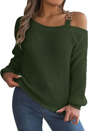 Generic Womens Off The Shoulder Jumper Trendy Cable Knit Metal Buckle Cold Shoulder Knitted Jumpers Autumn Winter Warm Holiday Sweater Baggy Loose Pullover Sw