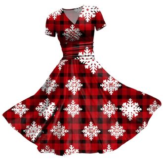 Generic Christmas Dresses for Women Party Print V Neck Short Sleeve Dress Dresses for Christmas Costumes Women Multi Colored Vintage Printed Holiday V Neck Lo