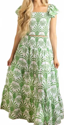 8 Oak Lane Smocked Flutter Sleeve Top And Skirt Set In Green Deco Palm