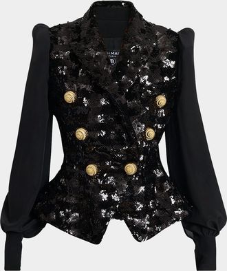 Balmain Sequined Double-Breasted Blazer with Muslin Sleeves