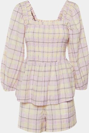 Ganni Ganni Lilac Checked Cotton Peplum Top & Shorts Set