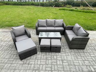 Fimous 9 Seater High Back Rattan Garden Furniture Set with Loveseat Sofa Rectangular Coffee Table 3 Footstools Indoor Outdoor Patio Lounge Sofa Set