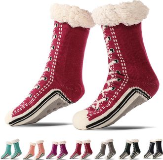 Generic Slipper Socks, Ultra-Thick Cute Slipper Home Socks, Slippers And Socks With Reinforced Anti-Slip Silicone Strips (Wine Red, One Size, Adult, Women, On