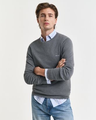 GANT Rundhalspullover GANT COTTON PIQUE C-NECK, Herren, Gr. 4XL, grau (dunkelgrau melange), Strick, Obermaterial: 100% Baumwolle, meliert, regular fit h&uuml;ft