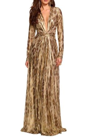 Ramy Brook Martini Metallic Leopard Print Long Sleeve Gown in Gold Animal at Nordstrom, Size 0