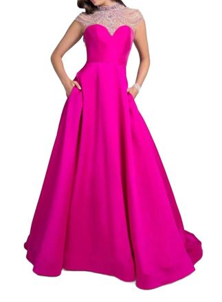 Terani Couture Jeweled Cap Sleeves Prom Dress In Fuchsia