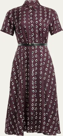 Altuzarra Kiera Diamond-Print Silk Short-Sleeve Midi Shirtdress