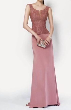 Alyce Paris Cap Sleeve Jeweled Lace Crepe Gown In Dusty Rose