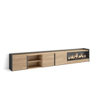 Skraut Home Mueble tv efecto madera roble negro 315x35x50cm chimenea efecto fuego