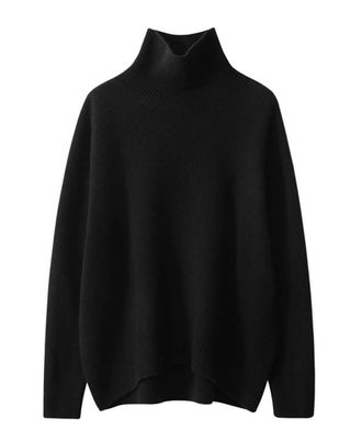 Dissa Women Cashmere Jumper Black Stand Neck Sweater Long Sleeve Relaxed Cashmere Wool Thick Jumper Solid Color Ladies Sweater,One Size,ZSBR8306