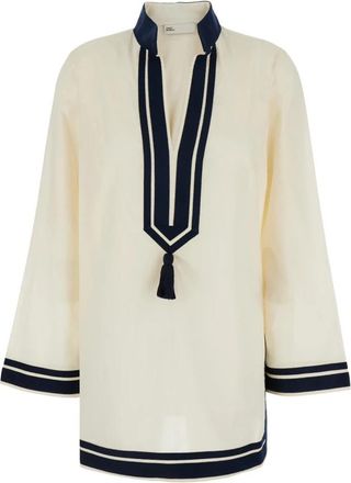 Tory Burch Kaftan met Contrasterende Details en Kwast - Dames - Tunieken - Wit - L - Katoen - Overhemden