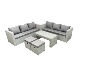 Fimous 8 Seater Garden Outdoor Rattan Furniture Set Rattan Garden Sofa Oblong Coffee Table with 2 Small Footstool Light Grey Mixed