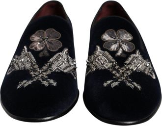 Dolce & Gabbana Black Velvet Floral Gun Loafers Dress Mens Shoes