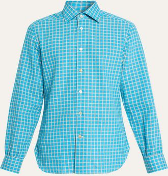 Kiton Mens Linen-Blend Plaid Button-Down Shirt