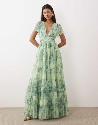 Lace & Beads Vestito lungo con maniche con volant e stampa verde salvia