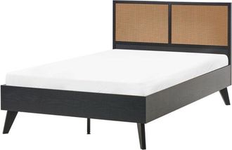 Beliani Bed Black PE Rattan Particle Board Rubberwood EU Small Double Size 4ft Slatted Frame Bed Base Braided Headboard Modern Boho MONPAZIER