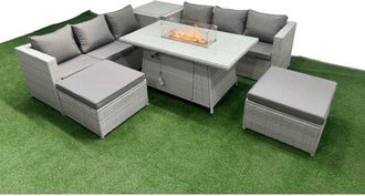 Fimous 8 Seat pe Rattan Lounge Sofa Set Outdoor Garden Furniture Set with Firepit Dining Table 3 Seater Sofa 2 Stools Side Table Light Grey - Fimous