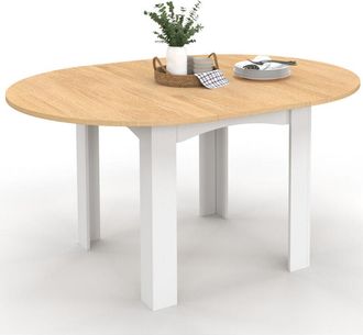IDMarket Table &agrave; manger extensible ronde DONA 4-8 personnes blanche plateau fa&ccedil;on h&ecirc;tre 120-160 cm