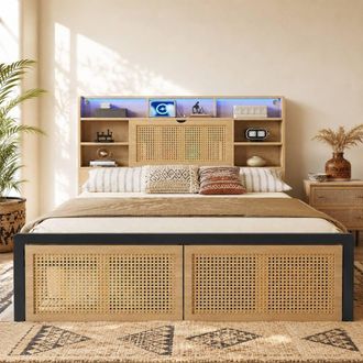 Merax 4ft6 Double Storage Bed Frame with Bookcase LED Headboard & Drawer in Natural